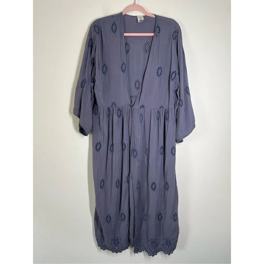 Bohemian Women's Bluish Purple Eyelet  Embroidered Detailed Maxi Beach Dress